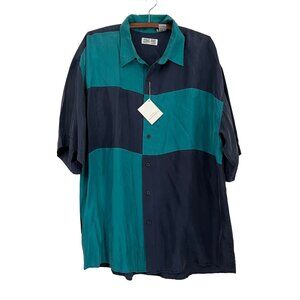Zone Five Blue Teal Colorblock Washable Silk Short Sleeve Button Shirt XL NEW